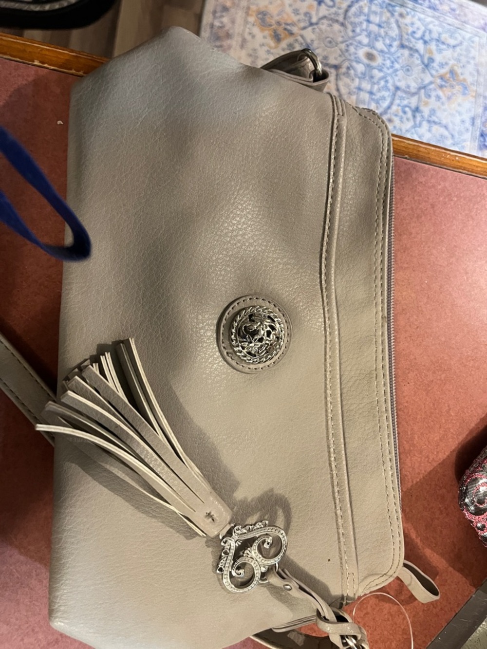 Bueno Gray Leather Crossbody with Tassel and Medallion